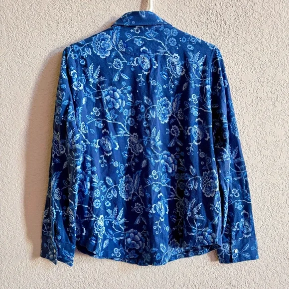 SUNDANCE Floral Snap Shirt Women's Petite Sz Medium Blue Floral Long Sleeve Boho - Picture 5 of 8
